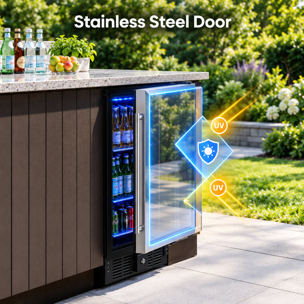 15 Inch under Counter Beverage Refrigerator, 128 Cans Outdoor Fridge with Adjustable Glass Shelves, ≤45Db Quiet Small Beverage Refrigerator for Outdoor Kitchen & Patio (Black)