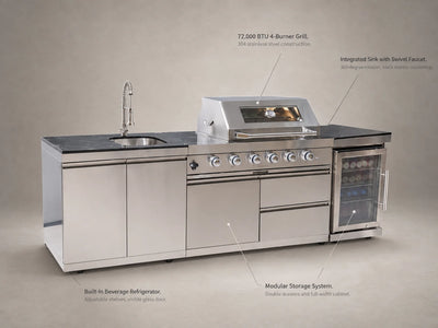Outdoor Kitchen Island Designed for Complete Cooking, 72000 BTU Gas Grill, Refrigerator & Sink, 98 Inch