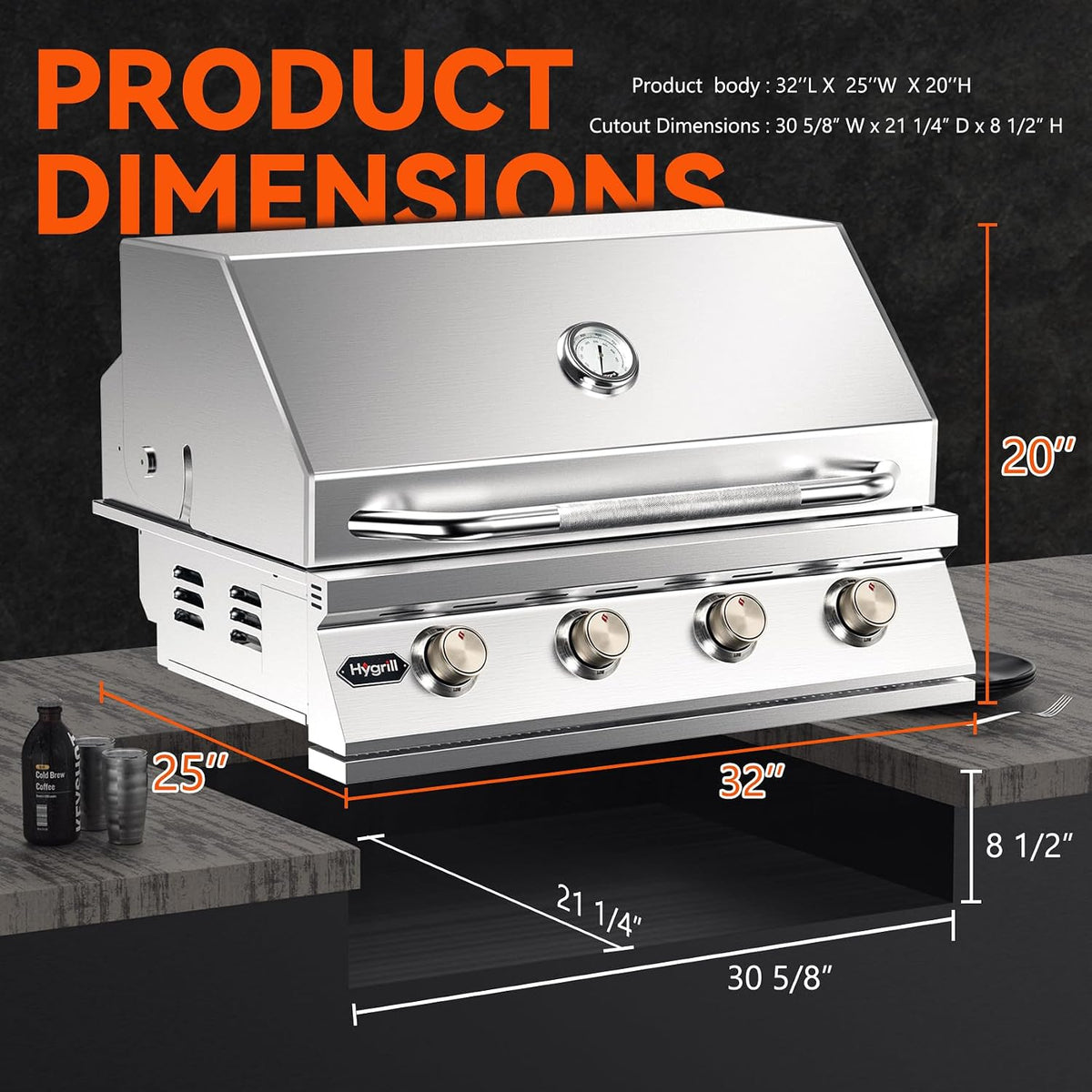 Hygrill STD Series 32-Inch Built in Grill, Stainless Steel 4-Burner Grill