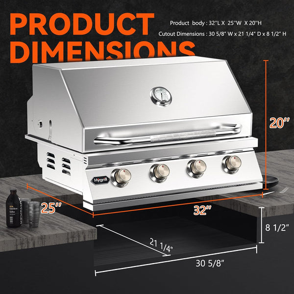 STD Series 32-Inch Built in Grill, Stainless Steel 4-Burner Grill