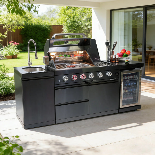 Outdoor Kitchen Island Built for Premium Entertaining, 72,000 BTU Grill, Wine Cooler, Black Granite Countertops
