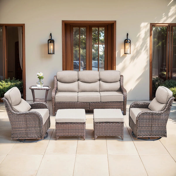 Outdoor Patio Furniture Set Built for Gathering, 6-Piece Wicker, Swivel Rocker Chairs, 6-Inch Cushions