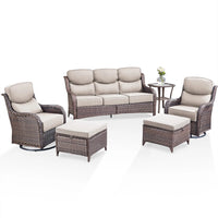 Luxury 6 Pieces Outdoor Patio Furniture Set with Swivel Rocker Chairs 6-Inch Extra Thick Cushions,Sofa Coffee Table,Wicker Conversation Sets for Porch Deck Backyard Poolside