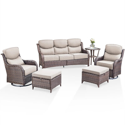Outdoor Patio Furniture Set Built for Gathering, 6-Piece Wicker, Swivel Rocker Chairs, 6-Inch Cushions