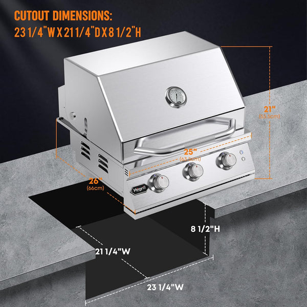 Built-In Gas Grill Designed for Outdoor Kitchens, 42,000 BTU Power, 304 Stainless Steel, 577 sq in Surface