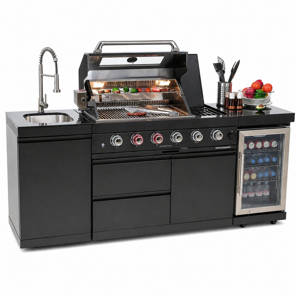 Outdoor Kitchen Island Built for Premium Entertaining, 72,000 BTU Grill, Wine Cooler, Black Granite Countertops