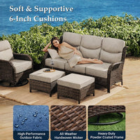 Luxury 6 Pieces Outdoor Patio Furniture Set with Swivel Rocker Chairs 6-Inch Extra Thick Cushions,Sofa Coffee Table,Wicker Conversation Sets for Porch Deck Backyard Poolside