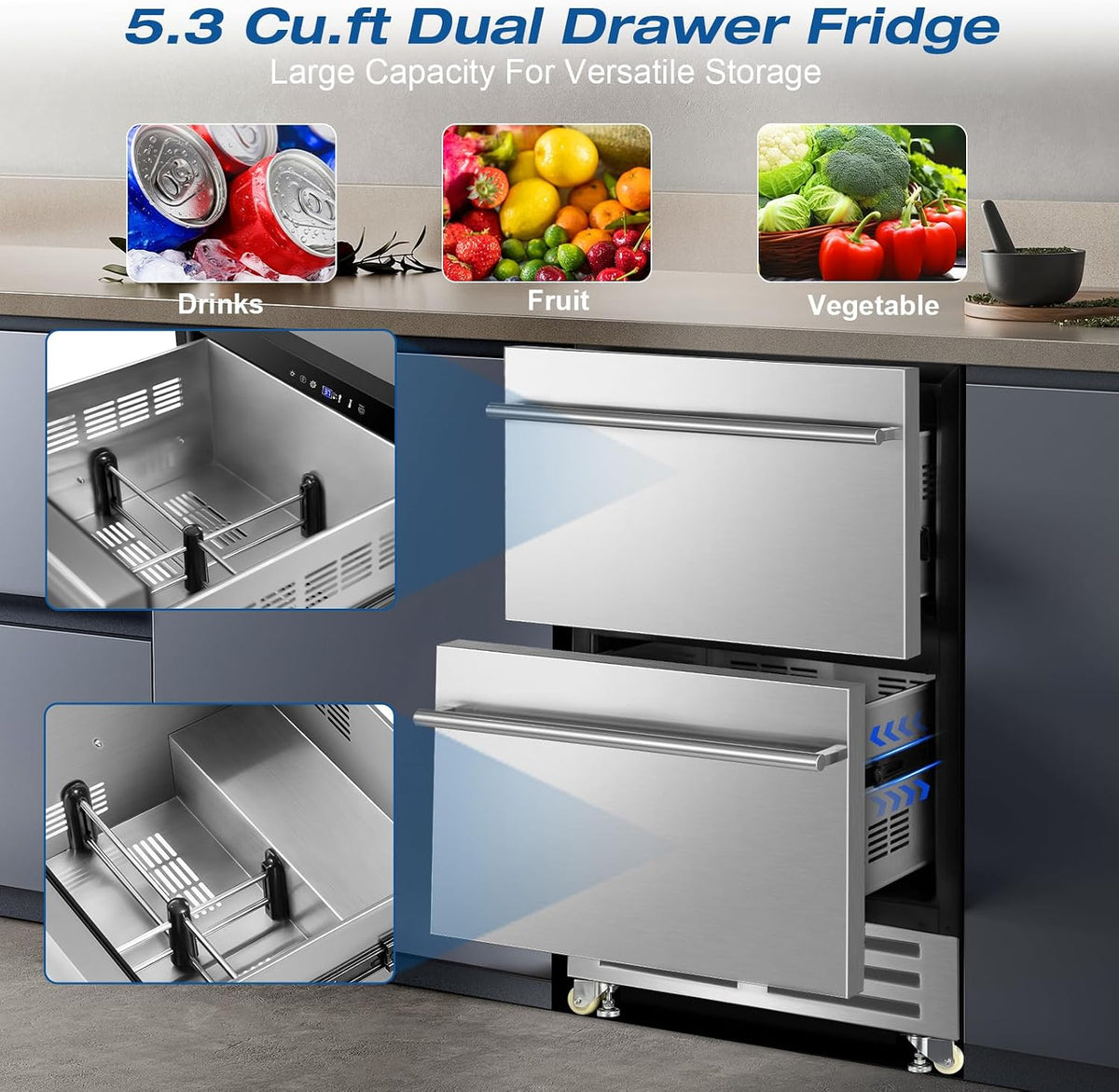 24'' Drawer Fridge under Counter Beverage Refrigerator with Wheels