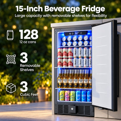 15 Inch under Counter Beverage Refrigerator, 128 Cans Outdoor Fridge with Adjustable Glass Shelves, ≤45Db Quiet Small Beverage Refrigerator for Outdoor Kitchen & Patio (Black)