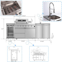 Outdoor Kitchen Island Designed for Complete Cooking, 72000 BTU Gas Grill, Refrigerator & Sink, 98 Inch