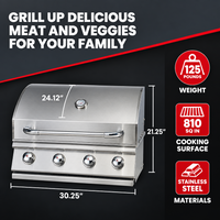 Built-In Gas Grill Head Designed for Outdoor Kitchens, 60,000 BTU Power, 304 Stainless Steel, 810 Sq In