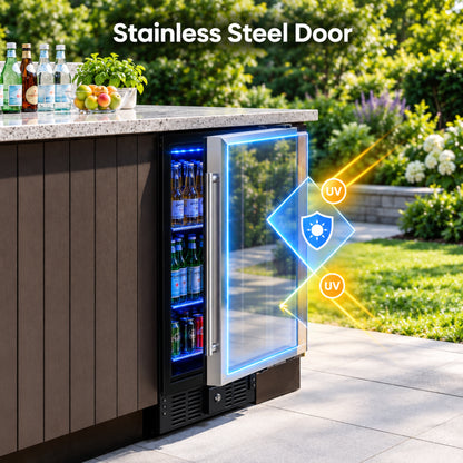 15 Inch under Counter Beverage Refrigerator, 128 Cans Outdoor Fridge with Adjustable Glass Shelves, ≤45Db Quiet Small Beverage Refrigerator for Outdoor Kitchen & Patio (Black)