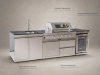 BBQ Island Outdoor Kitchen Kits, 4-Burner 72000 BTU Stainless Steel Modular 98 Inch Natural Gas Outdoor Kitchen Bar Barbecue Island Grill with Refrigerator and Sink for Patio Backyard — Feature Infographic