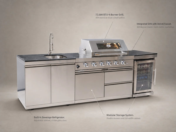BBQ Island Outdoor Kitchen Kits, 4-Burner 72000 BTU Stainless Steel Modular 98 Inch Natural Gas Outdoor Kitchen Bar Barbecue Island Grill with Refrigerator and Sink for Patio Backyard — Feature Infographic